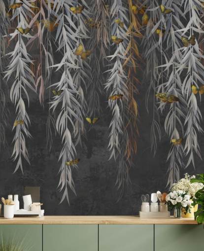 folhas escuras e papel de parede borboletas