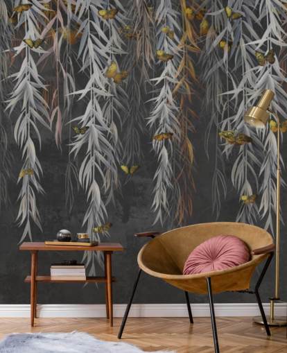 carta da parati foglie scure e farfalle