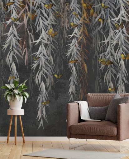 folhas escuras e papel de parede borboletas