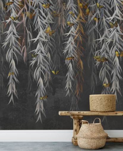 papier peint feuilles et papillons foncés