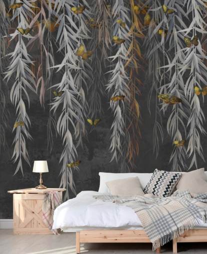 mörka blad och fjärilar tapeter