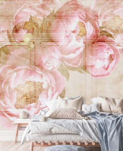 pink flowers over beige paneling wallpaper pink flowers over beige paneling wallpaper