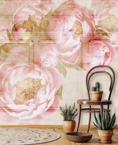 papel pintado de flores rosadas sobre paneles beige papel pintado de flores rosadas sobre paneles beige