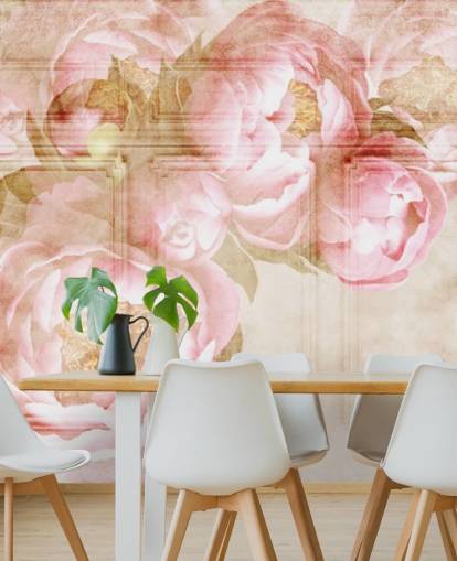 pink flowers over beige panelling wallpaper
