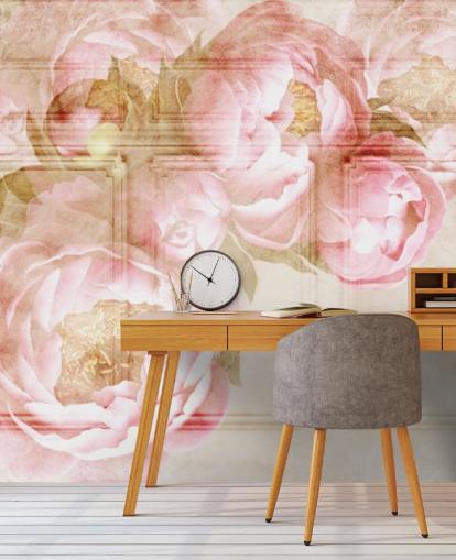 roze bloemen op beige lambrisering behang roze bloemen op beige lambrisering behang