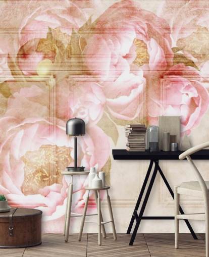 pink flowers over beige panelling wallpaper