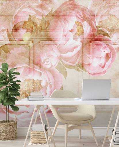 rosa blommor över beige paneler tapeter