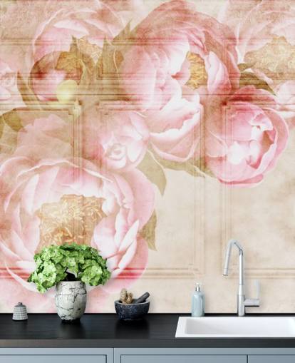 pink flowers over beige paneling wallpaper