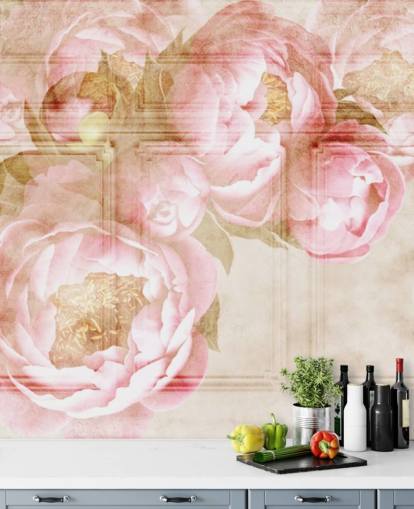 pink flowers over beige paneling wallpaper