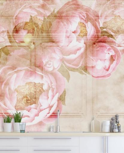 pink flowers over beige paneling wallpaper