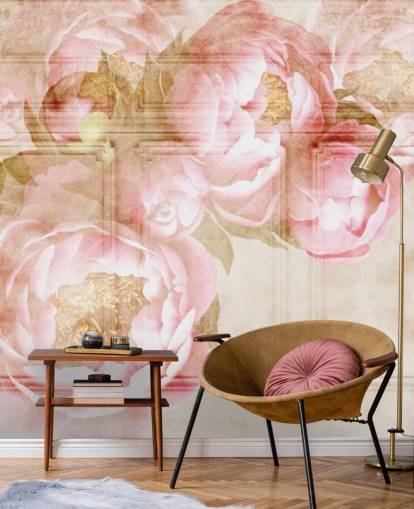 pink flowers over beige paneling wallpaper
