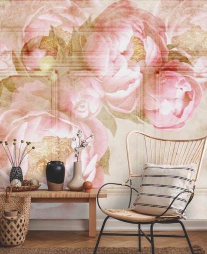 papel pintado de flores rosadas sobre paneles beige papel pintado de flores rosadas sobre paneles beige