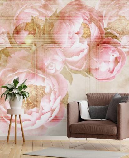 pink flowers over beige panelling wallpaper