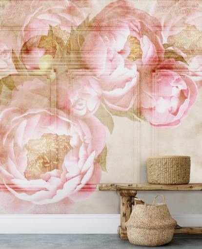 pink flowers over beige panelling wallpaper