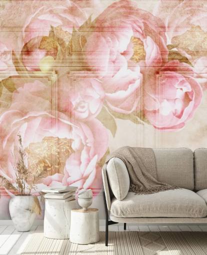 pink flowers over beige paneling wallpaper