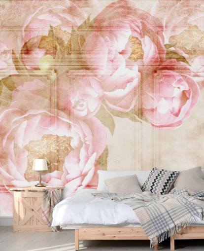 rosa blommor över beige paneler tapeter