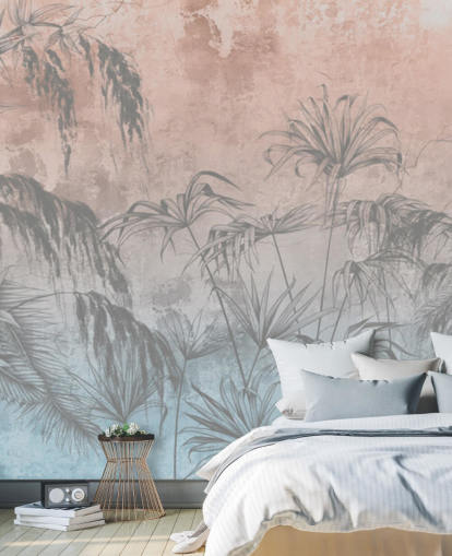 roze en blauwe palmbomen behang