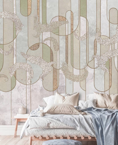 neutraali beige ja salvia vihreä art deco tapetti