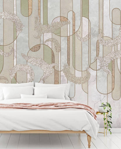 neutraal beige en saliegroen art deco behang