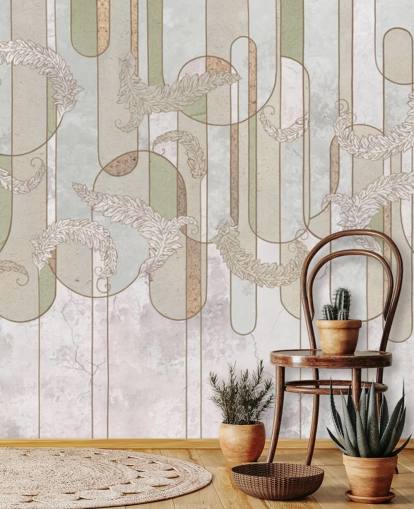 neutral beige and sage green art deco wallpaper