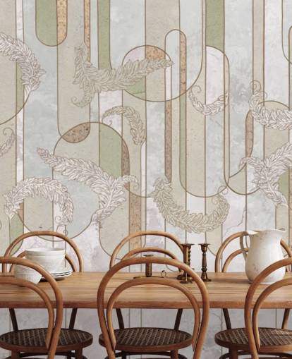 papel pintado art déco beige neutro y verde salvia