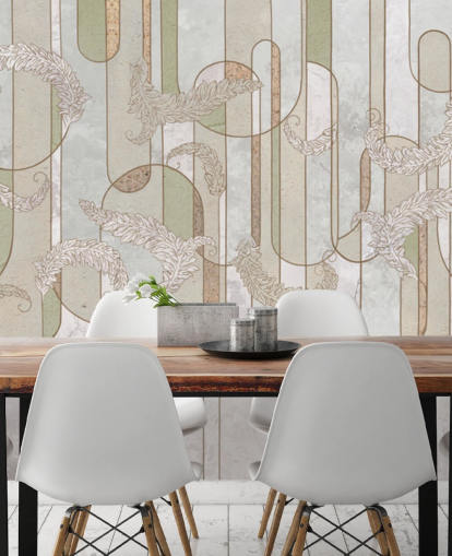 neutral beige og salvie grøn art deco tapet