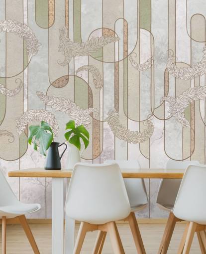 papel pintado art déco beige neutro y verde salvia