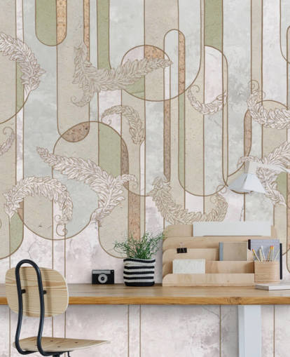 carta da parati art deco beige neutro e verde salvia
