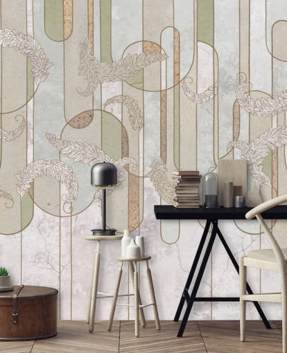 neutral beige og salvie grøn art deco tapet