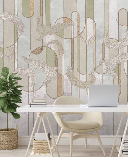 papel de parede art deco bege neutro e verde sálvia