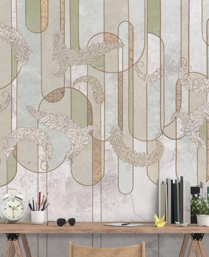 neutral beige and sage green art deco wallpaper