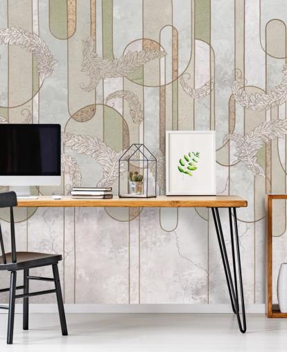 carta da parati art deco beige neutro e verde salvia