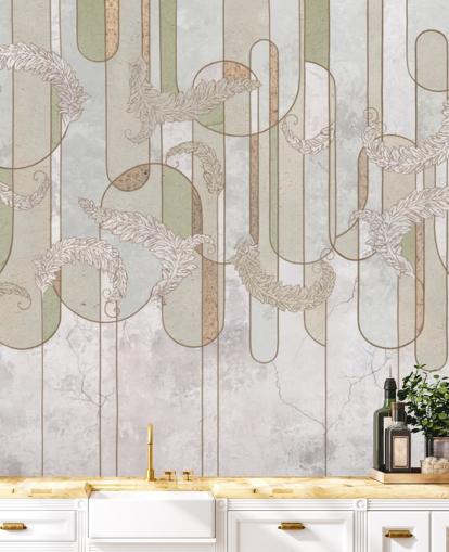 papel pintado art déco beige neutro y verde salvia