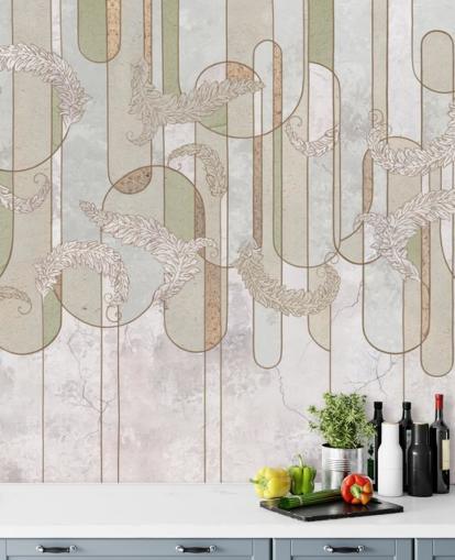neutral beige and sage green art deco wallpaper
