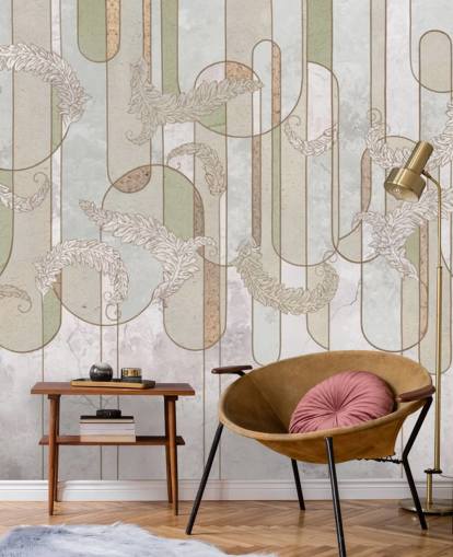 neutrale, beige und salbeigrüne Art Deco Tapete