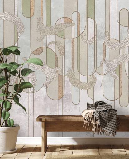 papel pintado art déco beige neutro y verde salvia