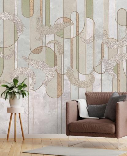 neutral beige and sage green art deco wallpaper