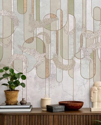 neutral beige og salvie grøn art deco tapet