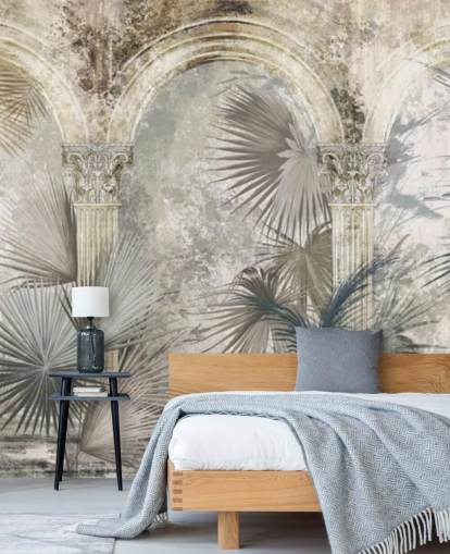 dark grey tropical plants and ancient pillars wallpaper