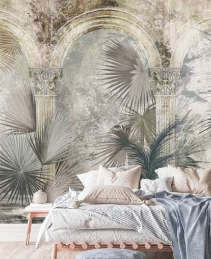 dark grey tropical plants and ancient pillars wallpaper