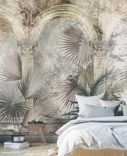 dark grey tropical plants and ancient pillars wallpaper