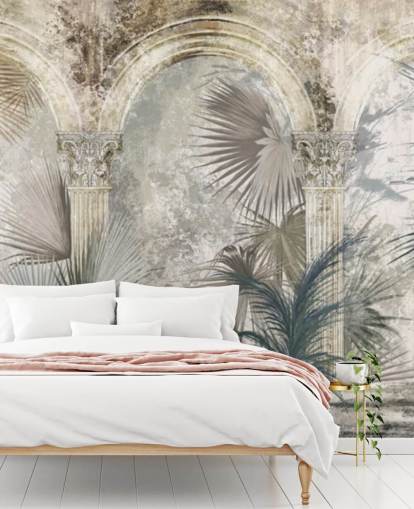 papel pintado de plantas tropicales y pilares antiguos gris oscuro