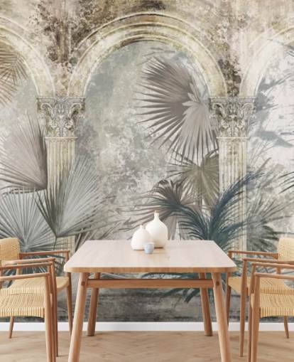 dark grey tropical plants and ancient pillars wallpaper