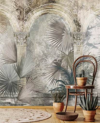 dark gray tropical plants and ancient pillars wallpaper