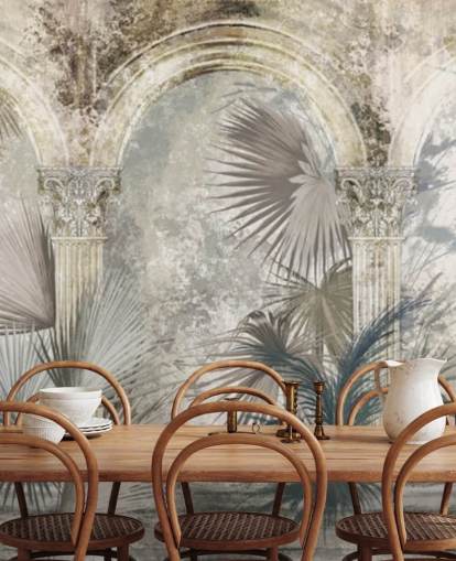 papel pintado de plantas tropicales y pilares antiguos gris oscuro
