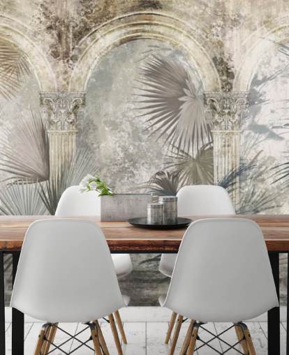 dark grey tropical plants and ancient pillars wallpaper