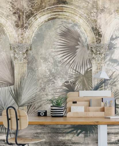 dark grey tropical plants and ancient pillars wallpaper