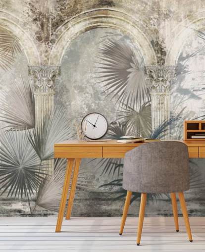 dark grey tropical plants and ancient pillars wallpaper