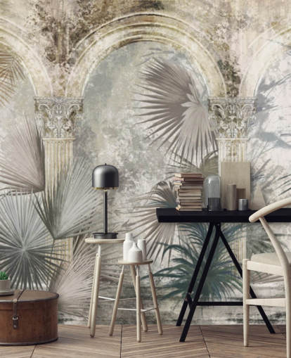 papel pintado de plantas tropicales y pilares antiguos gris oscuro