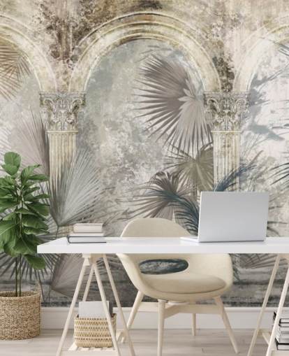 papel pintado de plantas tropicales y pilares antiguos gris oscuro